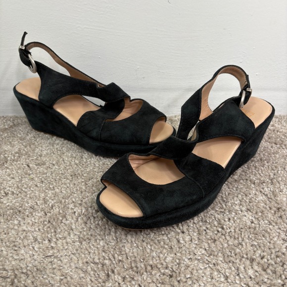 Johnston & Murphy Black Suede Open Toe Wedge Slingback Sandals Size 7.5M - Picture 1 of 7
